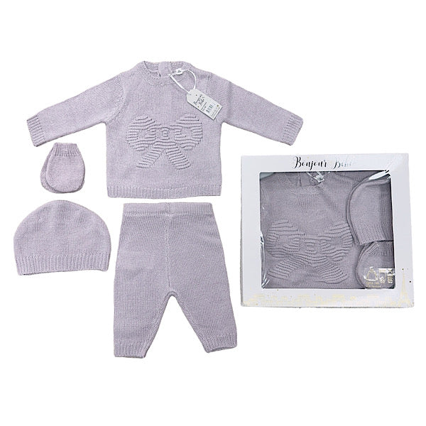 Lilac Bow Knitted 4pc Layette Gift Set