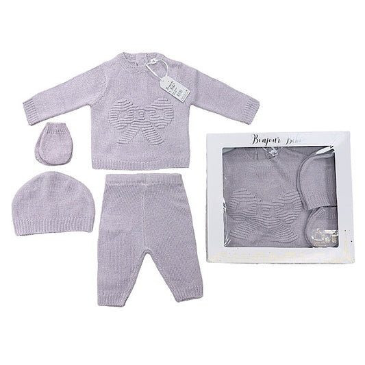 Lilac Bow Knitted 4pc Layette Gift Set