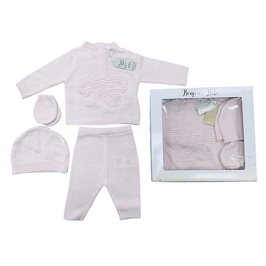 Pink Bow Knitted 4pc Layette Gift Set
