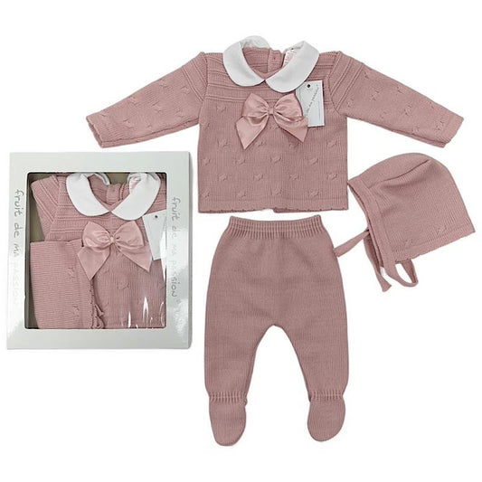 Baby Dusty Pink Woven Bow 3PC Gift Box Set NB