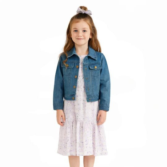Girls Summer Dress, Denim Jacket & Scrunchie - Lilac Daisy