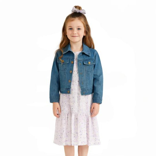 Girls Summer Dress, Denim Jacket & Scrunchie - Lilac Daisy