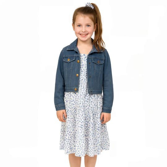 Girls Summer Dress, Denim Jacket & Scrunchie - Blue Floral