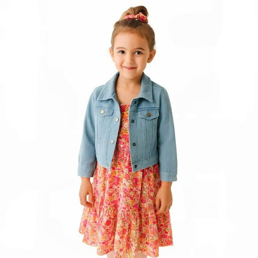 Girls Summer Dress, Denim Jacket & Scrunchie - Rose Floral