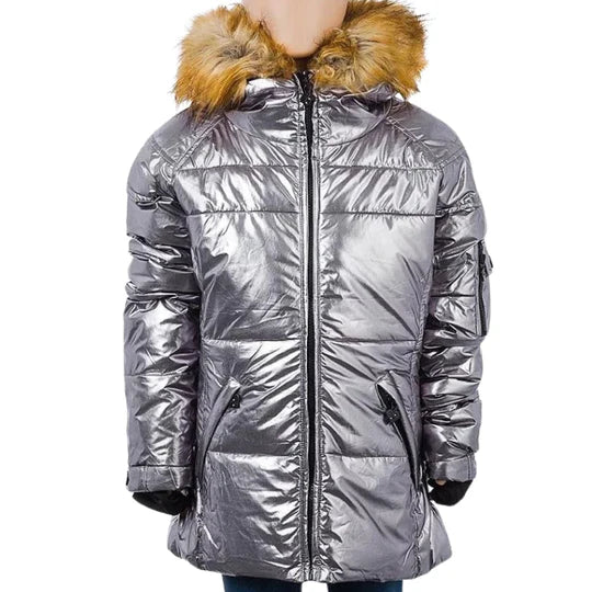 Girls silver padded coat with a fur trim hood