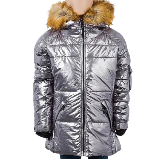 Girls silver padded coat with a fur trim hood