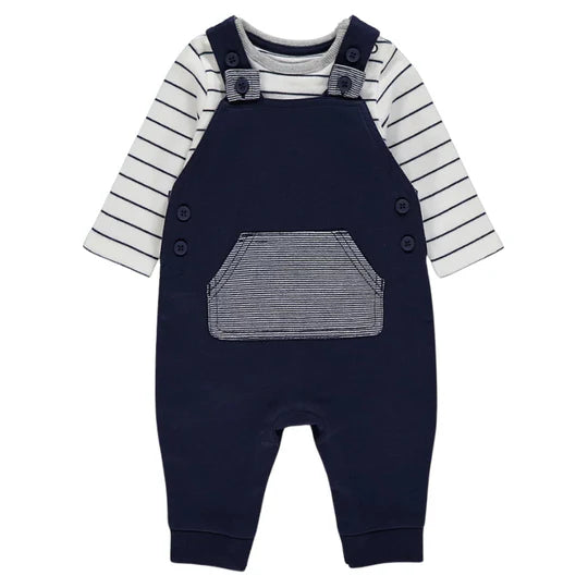 Ex Chainstore Boys Navy Dungarees and Striped Bodysuit Outfit