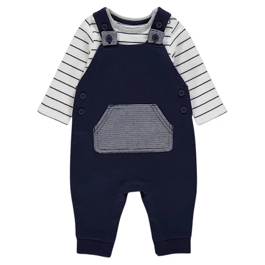 Ex Chainstore Boys Navy Dungarees and Striped Bodysuit Outfit
