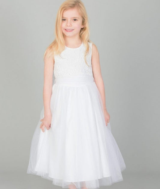 Girls White Flower Diamond Dress With White Belt
