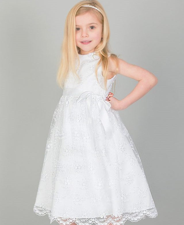 Girls Lace Dress With Bow In White